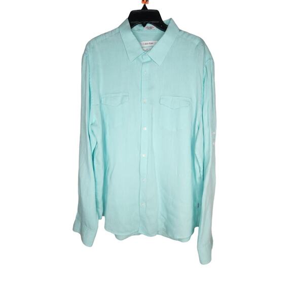 Calvin Klein Turquoise Green 100% Linen  Button Up Shirt Size XL Pristine - Picture 1 of 5